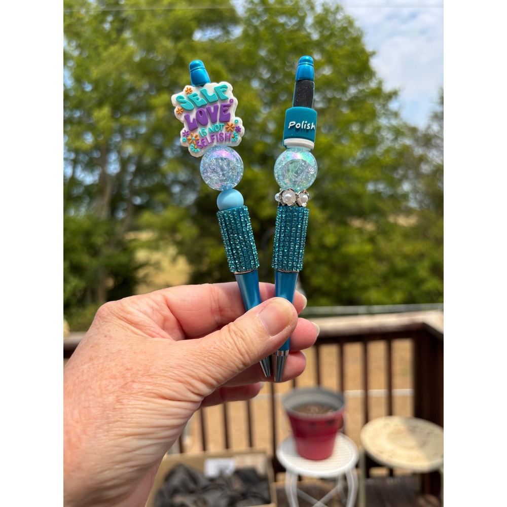 Handmade Beaded Pen Set Self Love Charm Rhinestone Grip Blue Ink 2 Piece